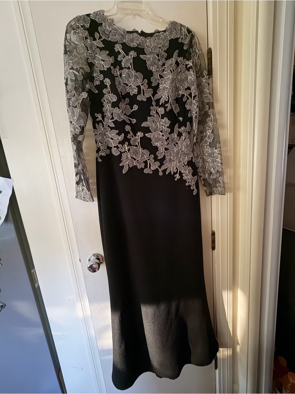 Tadashi Shoji Black Gown with Silver Lace Appliqué | Mother-of-the-bride Dress